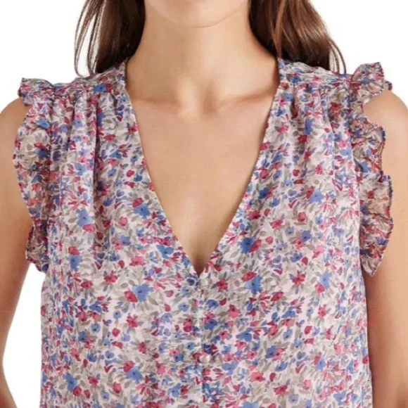 BB Dakota Steve Madden Floral Ruffle flutter Sleeve Top Size Large - Picture 4 of 12